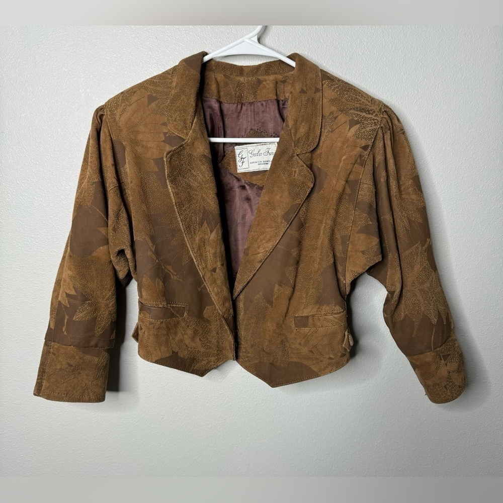 Gala Furs vintage long sleeve leather leaves suede cropped blazer jacket SM/MD